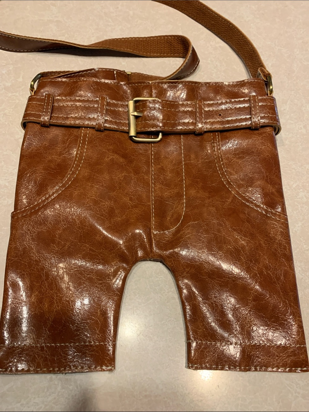 Leather-look Brown Crossbody Bag with Belt Detail
